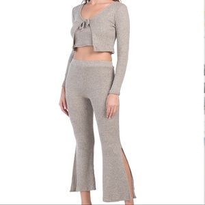 Brit & Bri Ribbed 2 Piece Crop Top & Split Hem Pants Set NWT Size L